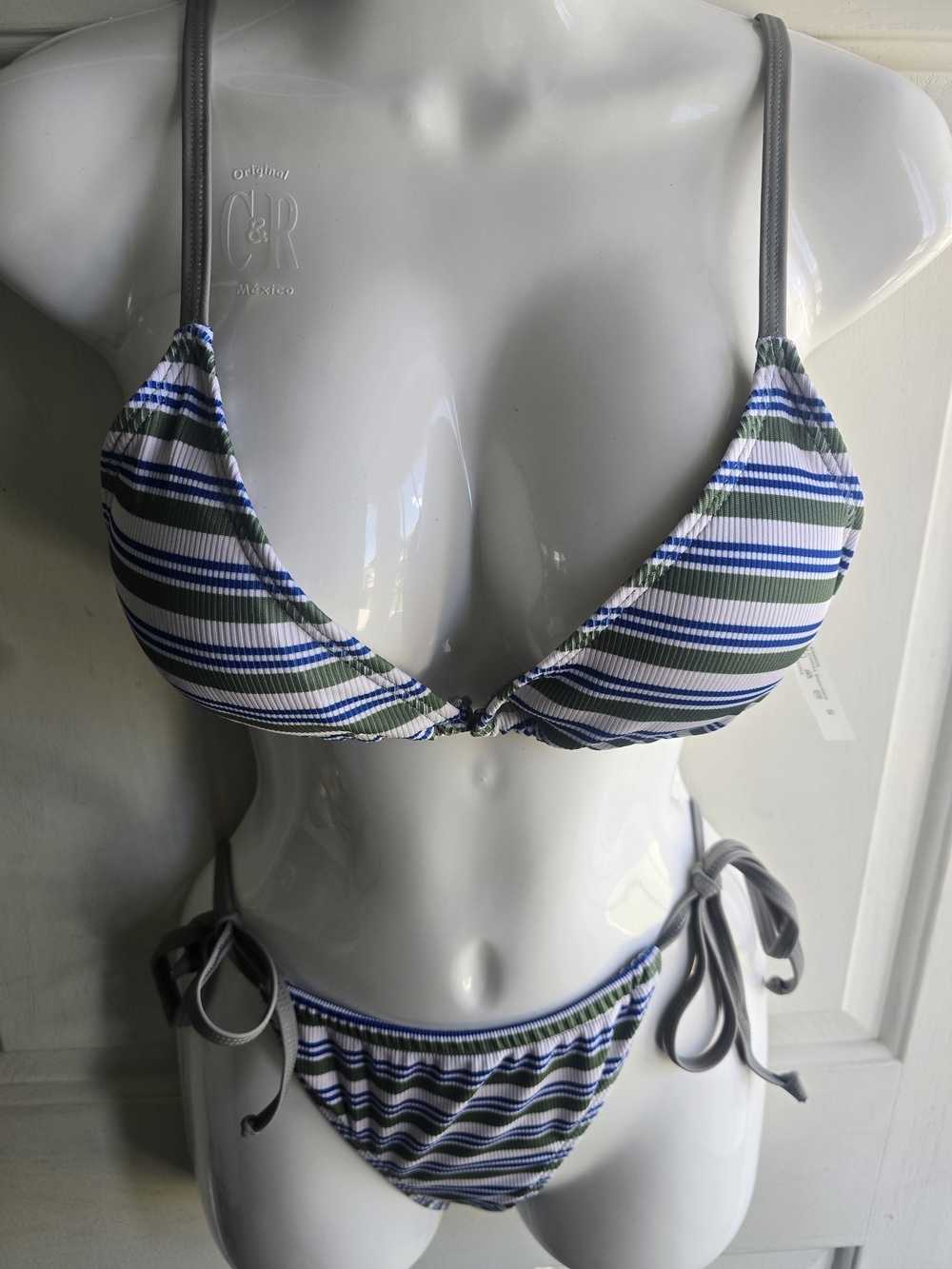 Luckydora Green, Blue & White Striped Tie-Side Bikini